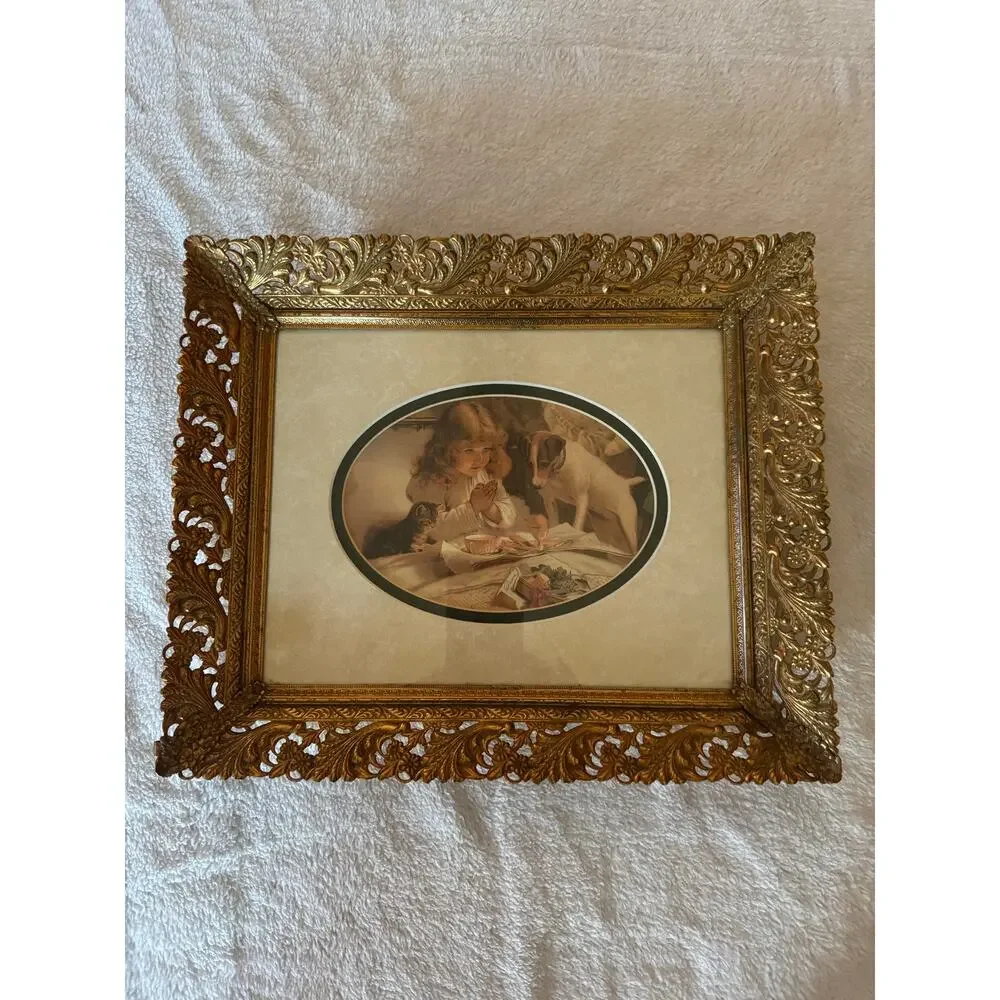 Charles BurtonBarber print ThePrayer in a vintage ornate brass frame